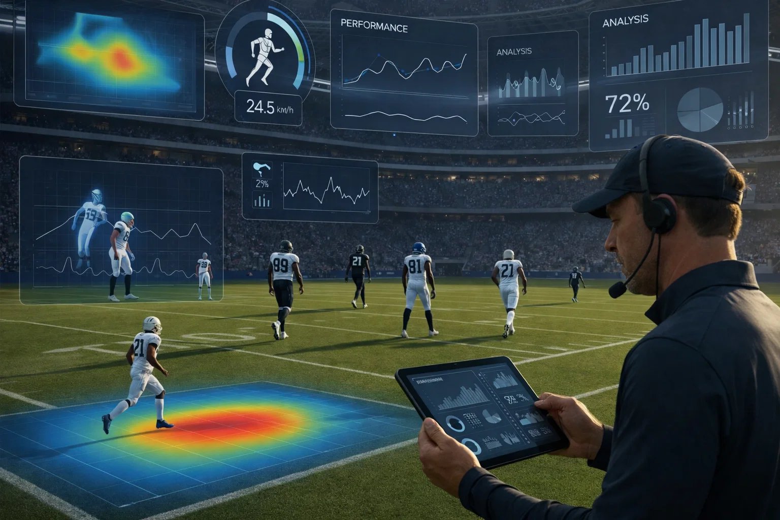 AI coach analyzing player performance with holographic heatmaps